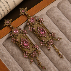 Vintage Victorian Style Pink Crystal Dangle Earrings Gold Tone Ornate Statement