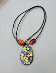 Vintage Look Micro Mosiac Blue Orange Costume Necklace N1D