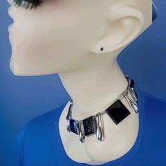 Original STERLING SILVER 925 Deco Onyx Modernist Necklace 186 Gr Vintage 18″ In