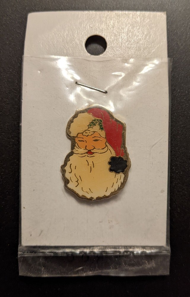 Santa Christmas Pin Brooch 1″ Ivy Bow Original Packaging Vintage R. O. S. NEW