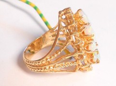 Pear Oval Fiery Colors Opal 14K Yellow Gold Ring Size 4 Ornate Openwork Setting