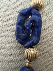 Vintage Lapis Lazuli and 14K Beads Hand Knotted 30” Necklace With Figural Beads