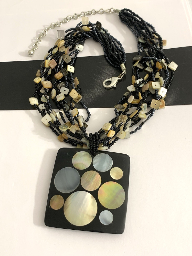 Vintage Multi Strand Necklace w/ Mother of Pearl Inlay Square Pendant