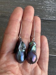 Black Baroque Pearl Earrings, Iridescent Peacock Color, Sterling Silver