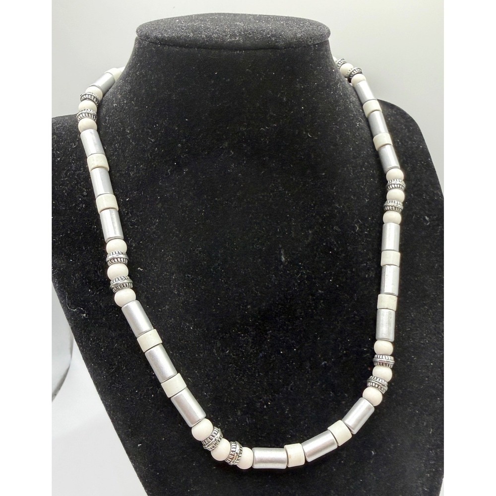 Vintage Silver Tone Tube Bead Necklace Cream Spacer Beads 18″
