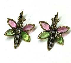 Gold Tone Pink Green Glass Bezel Set Butterfly Earrings Leverback Close 1.25″