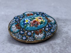 Woman’s Vintage Micro Mosaic Tesserae Glass Pin Italy Oval Floral Brooch Gift