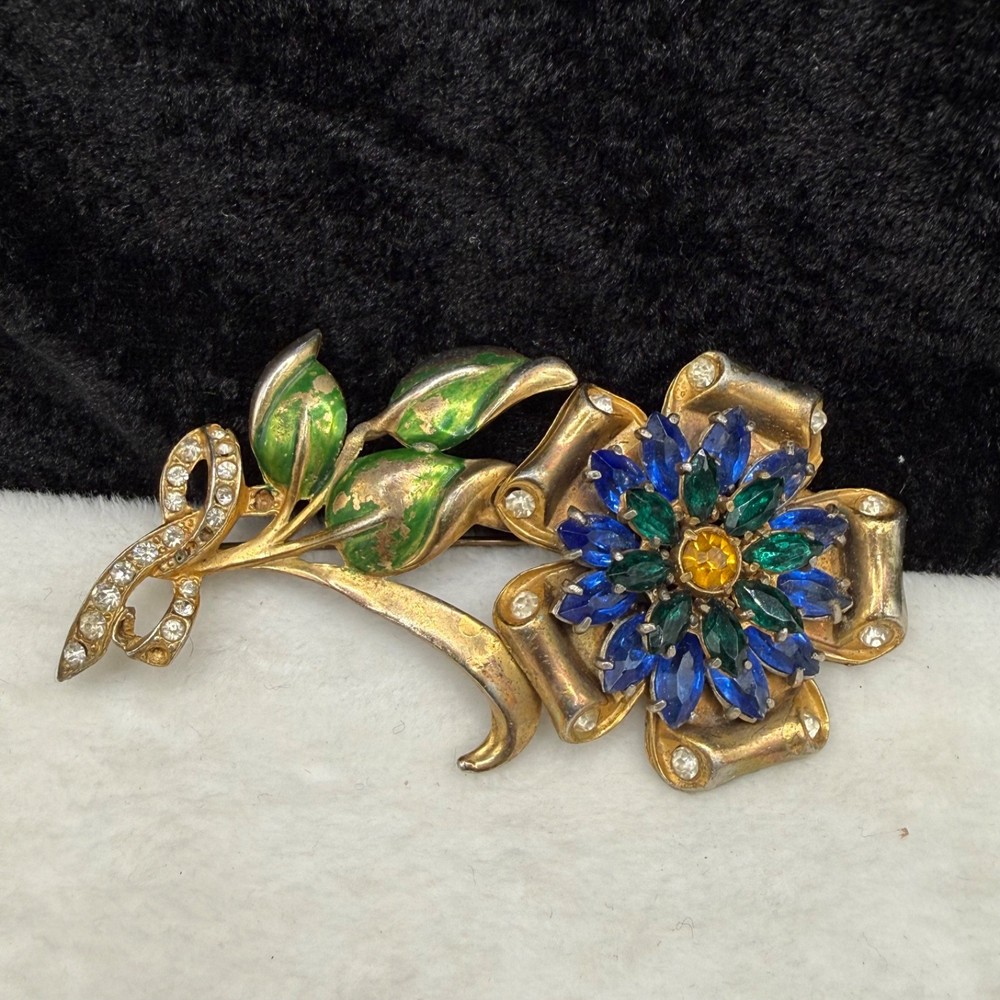 Vintage Pot Metal Brooch Rhinestone Blue Green Flower Gold Tone Enamel READ