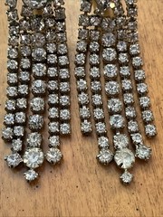 Vintage Huge Prong Set Rhinestones Chandelier Dangle Drop Clip On Earrings