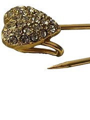 Puffy 3D Heart Rhinestone Gold Tone Saftey Pin Brooch Vintage Clip Fastener