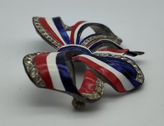 Vintage Large Bow Red White Blue WW2 Silver Tone Clear Rhinestone Pin Brooch