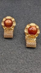 Art Deco Round Gold Tone Mesh Wrap Faux Tiger Eye Cufflinks Set
