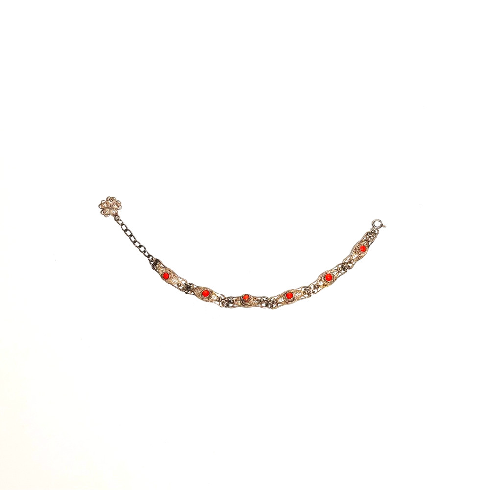 STERLING SILVER bracelet filigree scrolled panel links tiny coral glass cabs 10g