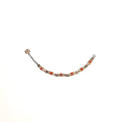 STERLING SILVER bracelet filigree scrolled panel links tiny coral glass cabs 10g