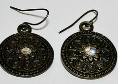 Antique Gold Tone Circle Dangle Earrings With Rhinestones 1.25in.