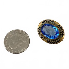 Vintage Glass Art Nouveau Brooch Goldtone Blue Sapphire Color Oval Pin Small