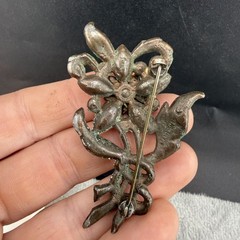 Vintage Pot Metal Brooch Rhinestone Flower REPAIR READ