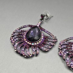 Purple Rhinestone Dangle Earrings 2″ Art Deco Fan Statement Gunmetal Boho