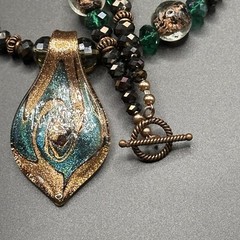 Stunning Necklace Glass Pendant Necklace & Earrings Art Foil Green Copper