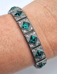 VTG ALLCO AL Lindroth 1920’s Art Deco Green & Clear Rhinestone Link Bracelet 7″