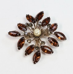 Vintage Brooches Rhinestones Faux Pearl Blue Amber AB Lot of 3
