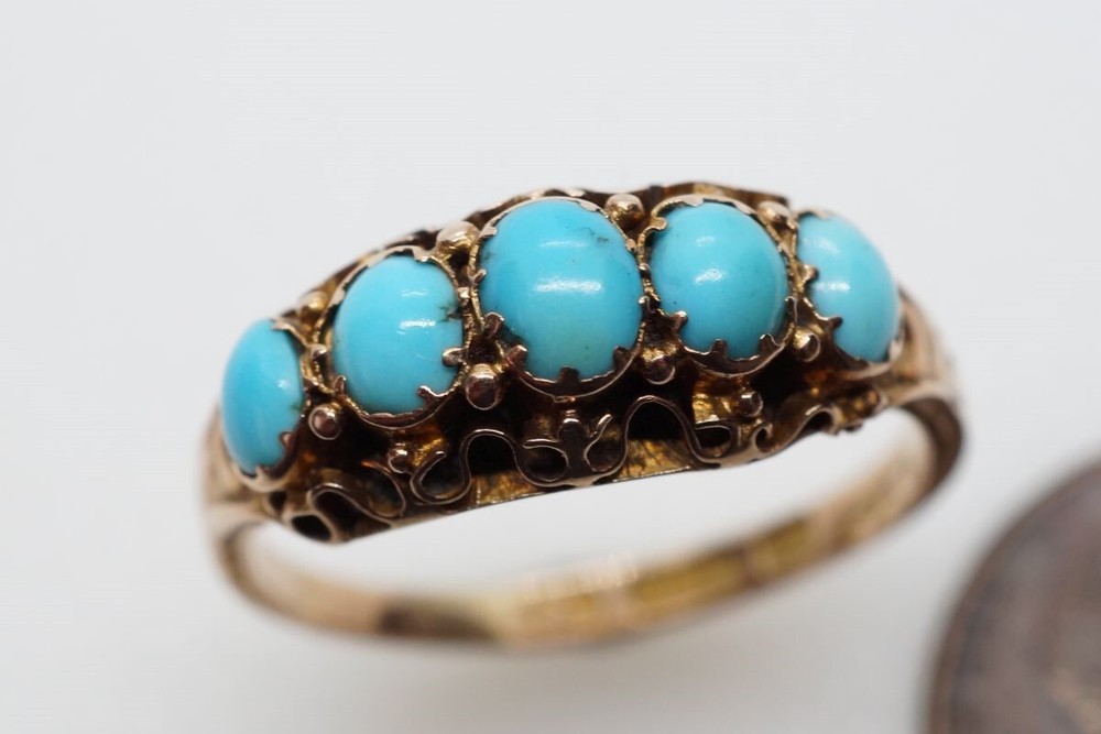 ANTIQUE VICTORIAN ENGLISH 15K GOLD NATURAL TURQUOISE 5 STONE RING c1870