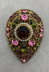 Vintage Goldtone Florenza Brooch Purple/Green Rhinestone Faux Pearls 2.25 Inch