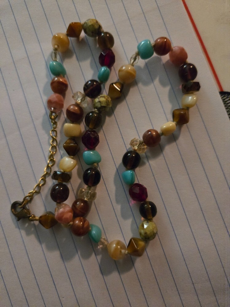 Vintage Mixed Gemstone Beaded Strand Necklace Hand Knotted Boho Agate Jasper OOC