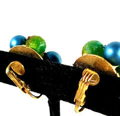 Vintage Gold Color Blue and Green Bead Cluster 1 ” Clip on Earrings