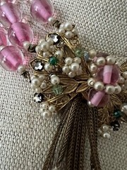 Early Miriam Haskell 3 Strand Pink Glass Filigree Wired Beads Festoon Necklace
