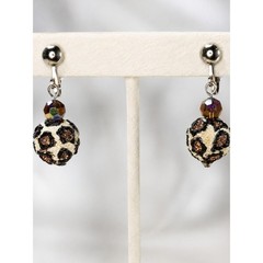 Vintage Leopard Print Clip On Earrings Brown Crystal Dangle Animal Print