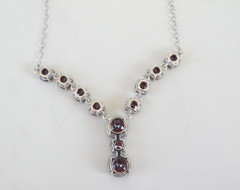 Sterling Silver 925 Natural Garnet Drop V Tennis Necklace