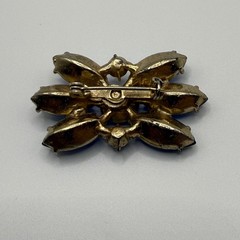 Vintage Sapphire Blue Rhinestone Floral Brooch Gold Tone Mid Century Sunburst
