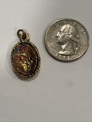 Vintage Dragon’s Breath Glass Pendant, Faux Fire Opal Gold Tone Oval Charm