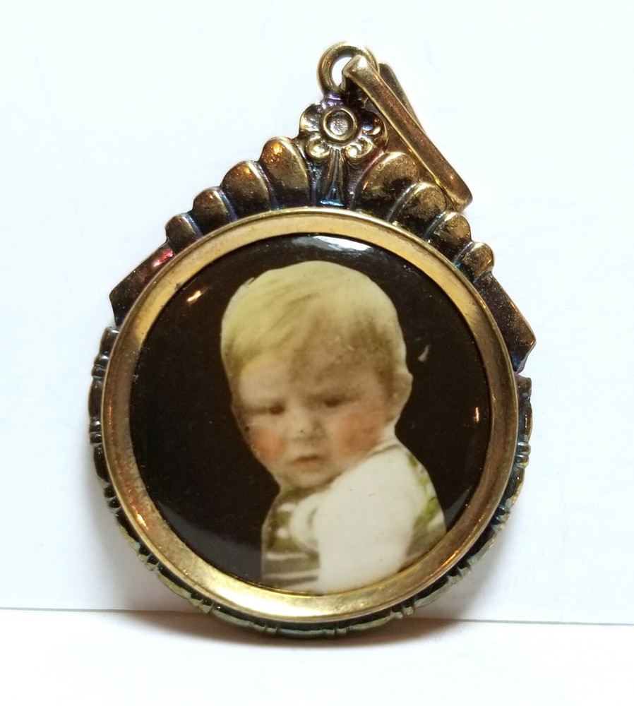 Cute little blond boy, photo pendant, c. 1920s celluloid, hand colored/tinted 2