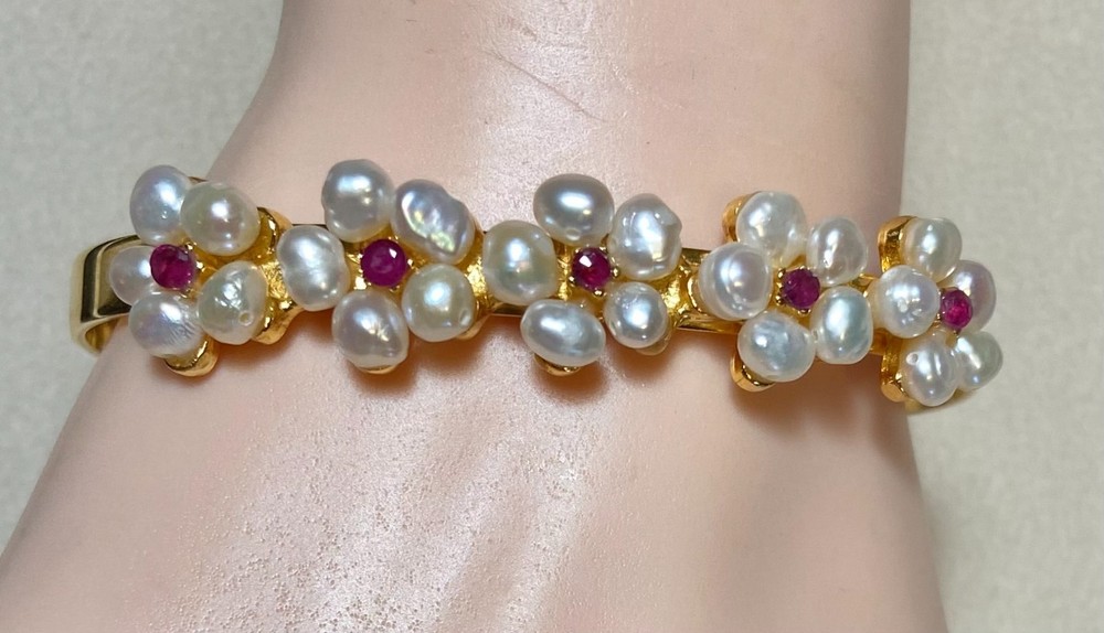 AUTHENTIC SWOBODA CUFF BRACELET ~ FRESHWATER PEARL, GENUINE RUBY ~ BEAUTIFUL!
