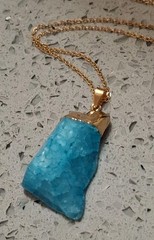 Vintage Pendant Huge Natural Chunky Quartz Dyed Aqua Blue Gold Tone Dipped 20″ L