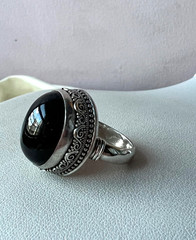 VINTAGE HUGE BLACK STAR CATS EYE MOONSTONE ? CABOCHON 925 STERLING SILVER RING