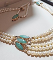Vintage 5 Strand Pearl Jade 14K Gold Chocker Pearl Necklace by de Groot & Gudde