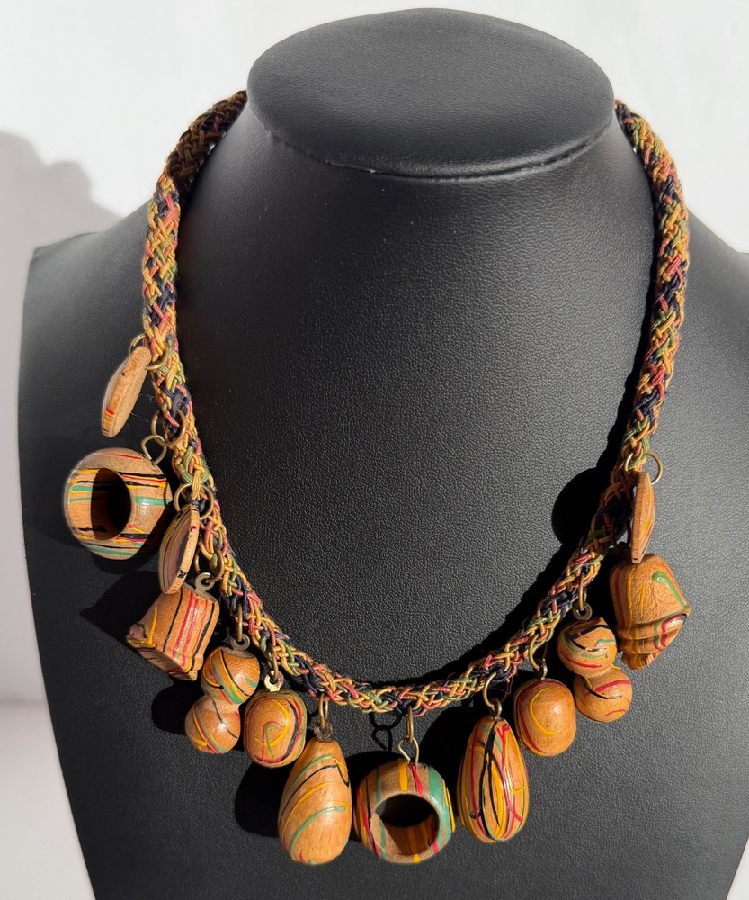 Miriam Haskell Style Vintage Painted Wood Dangles’ Necklace