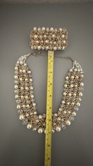 Vintage 4 Strand BiB Style Necklace Set W/Stretch Bracelet Crystals Faux Pearls