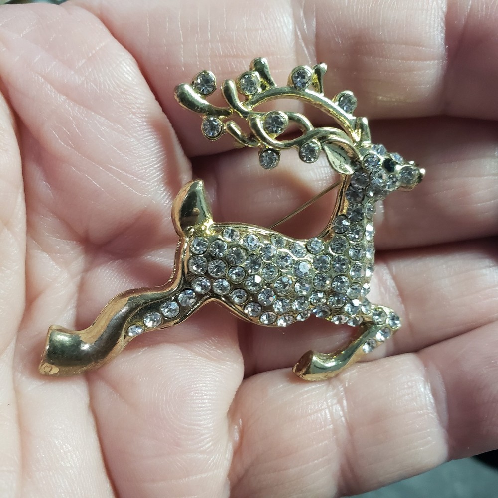 Gold Toned Metal Rhinestone Reindeer Ugly Sweater Christmas Party Brooch Jewelry