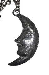 Vintage Crescent Man In The Moon Face Necklace Celestial Silver Metal Sparkle