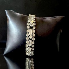 Rhinestone Bracelet Clear Crystal Tennis Baguette Rhodium Plated 1950s 6.5 Inch