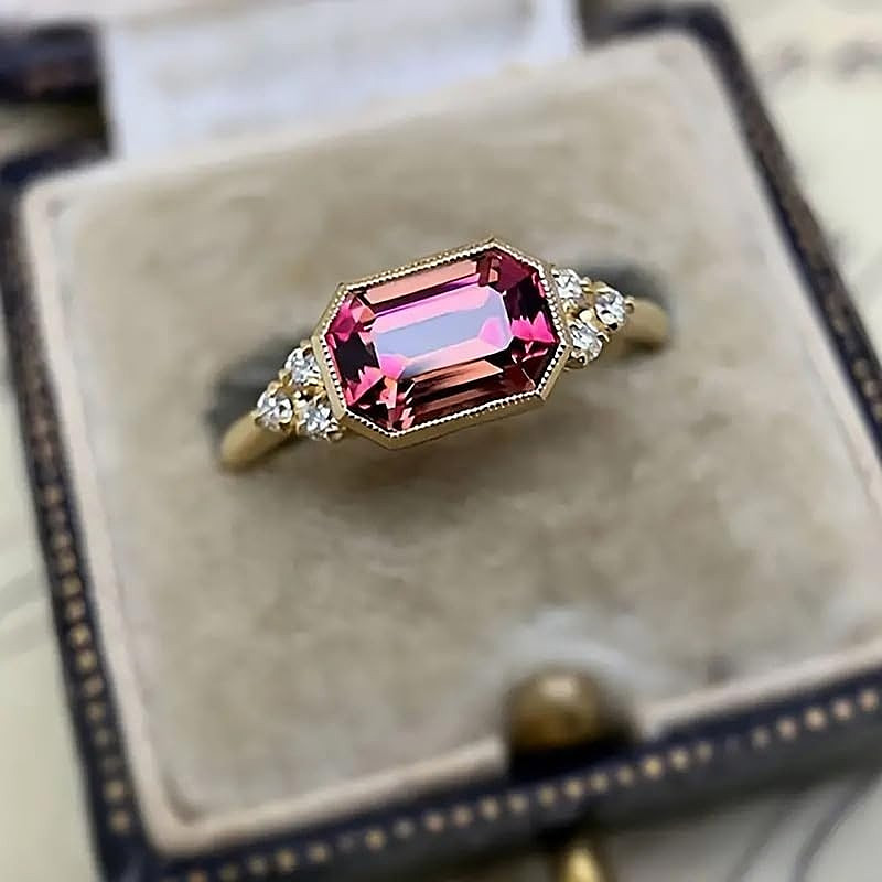Art Deco Style Lab Created Pink Tourmaline Diamond Engagement Ring 14K Gold FN