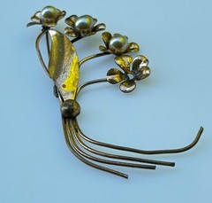 Vintage Floral Spray Brooch Pin Copper Brass Tone Faux Pearl Mid-Century Style