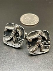 Vintage Bowling Alley Bowler Figural Cufflinks Silver Tone Bas Relief MCM