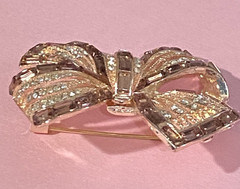 Rose Gold tone, BOW BROOCH PIN, Bezel Baguette Smoke Topaz Rhinestone & Crystals