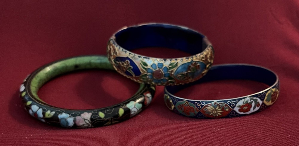 Three Vintage High End Cloisonné Bangle Bracelet One Hinged Antique