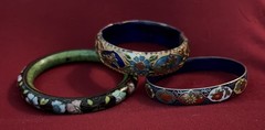 Three Vintage High End Cloisonné Bangle Bracelet One Hinged Antique